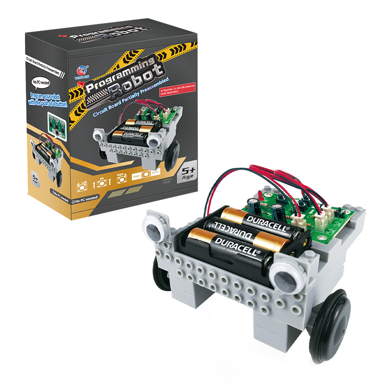 Robô programável montado ao lado da caixa do kit