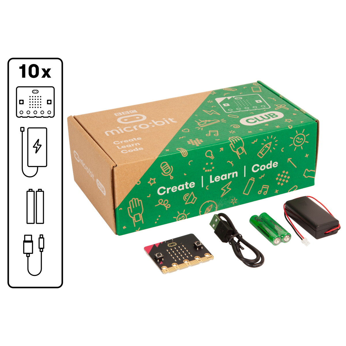 Conteúdo do micro:bit Club: 10 placas micro:bit V2 com cabos USB, suportes de pilhas e pilhas AAA