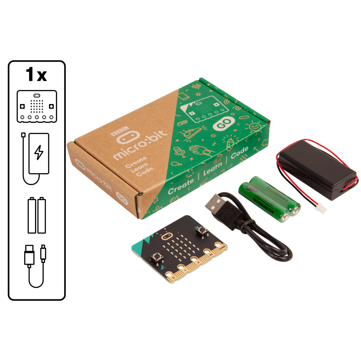 Conteúdo do micro:bit Go: placa micro:bit V2, cabo USB, suporte de pilhas e 2 pilhas AAA