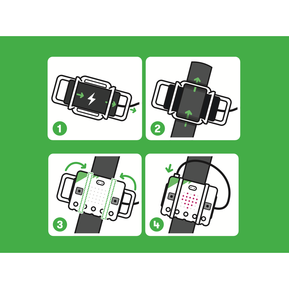 Como montar o micro:bit e o suporte de pilhas na bracelete