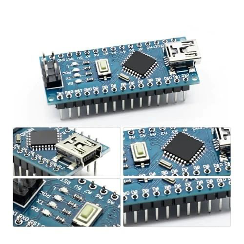 Pormenores da placa Nano V3 compatível: ficha mini-USB, microcontrolador e LEDs